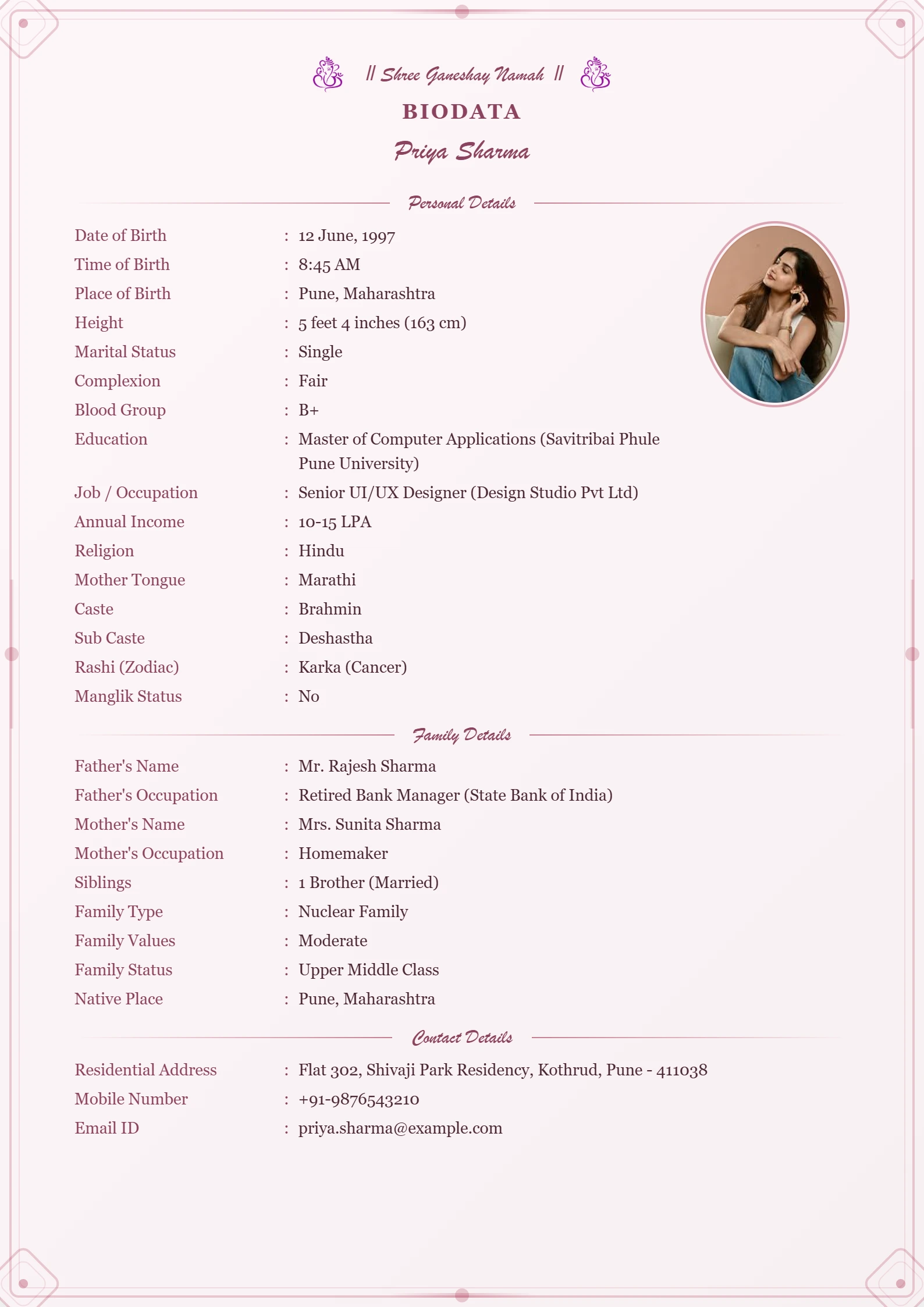 Matrimonial biodata sample for a girl with fictional education and family details